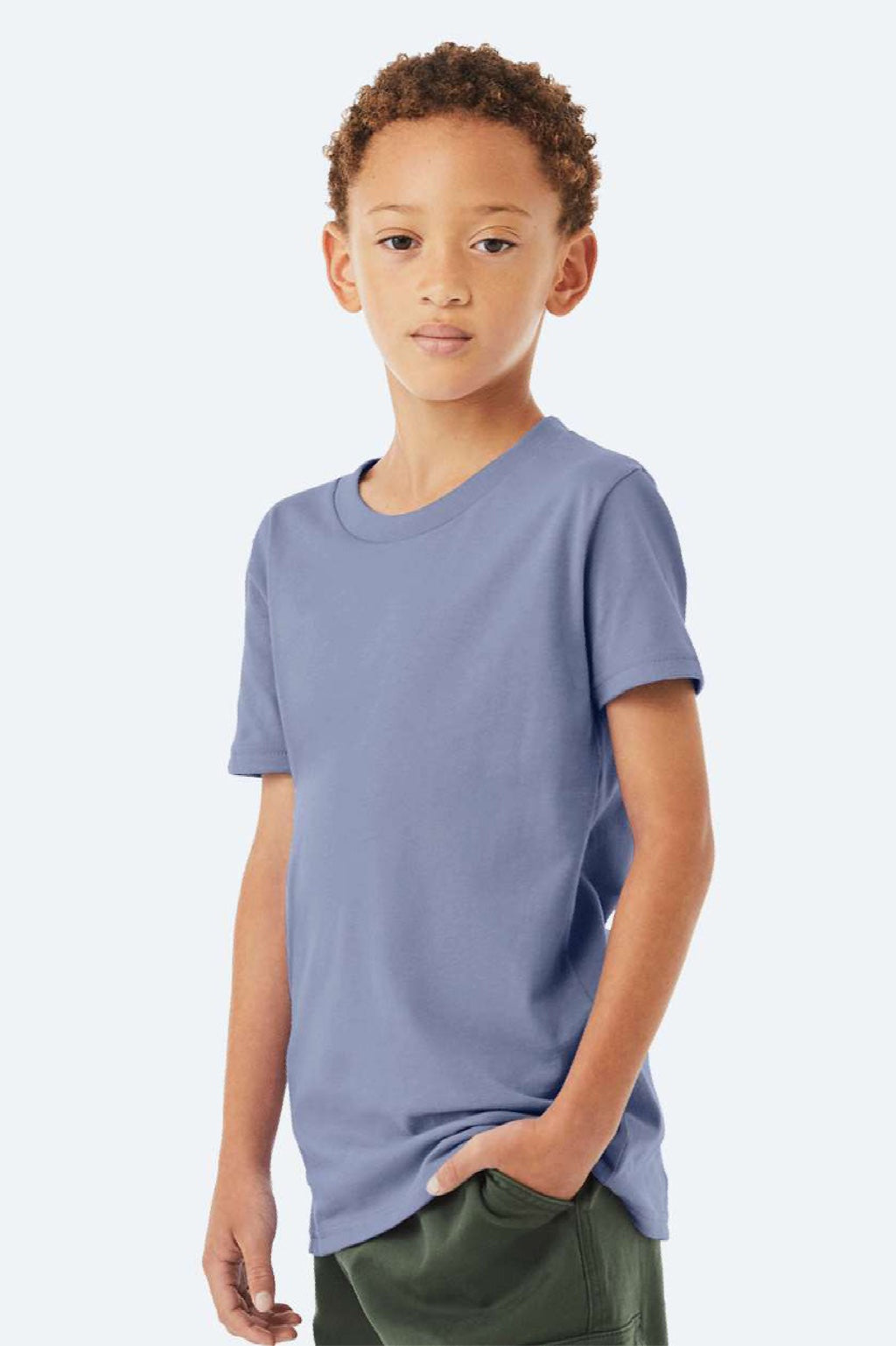 Bella + Canvas BC3001Y/3001Y Youth Jersey Short Sleeve Crewneck T-Shirt Lavender Blue Model Side