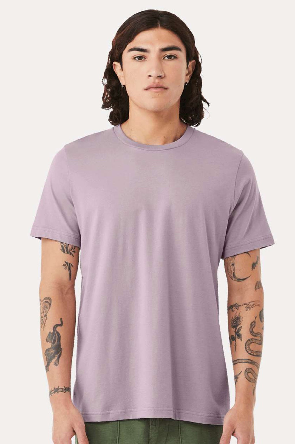 Bella + Canvas BC3001/3001 Mens Jersey Short Sleeve Crewneck T-Shirt Light Violet Purple Model Front