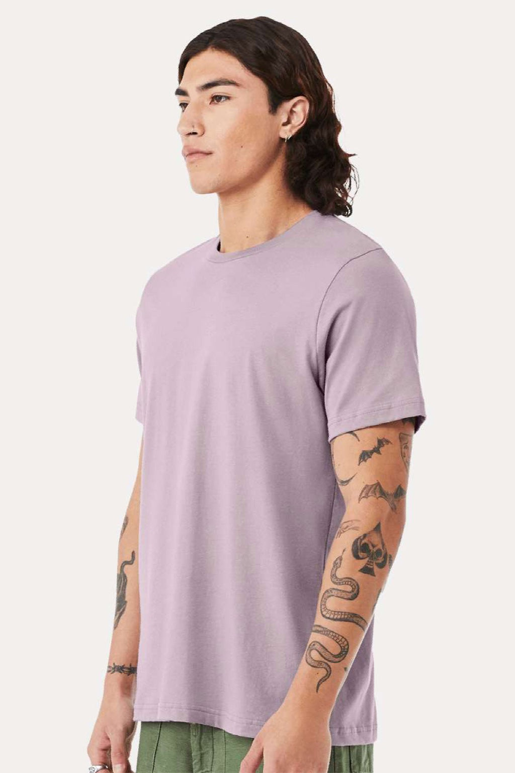 Bella + Canvas BC3001/3001 Mens Jersey Short Sleeve Crewneck T-Shirt Light Violet Purple Model Side