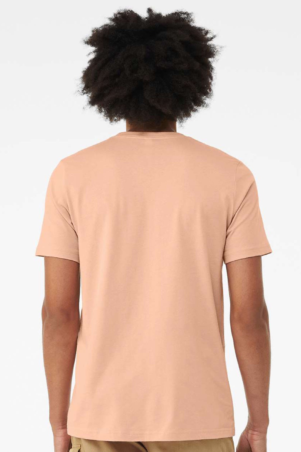 Bella + Canvas BC3001/3001 Mens Jersey Short Sleeve Crewneck T-Shirt Peach Model Back
