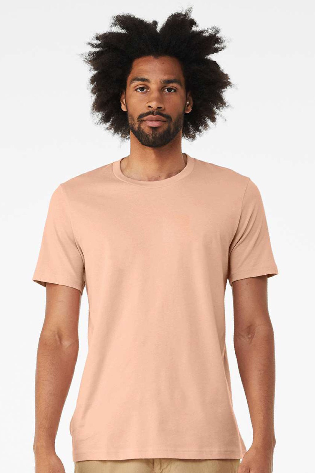 Bella + Canvas BC3001/3001 Mens Jersey Short Sleeve Crewneck T-Shirt Peach Model Front