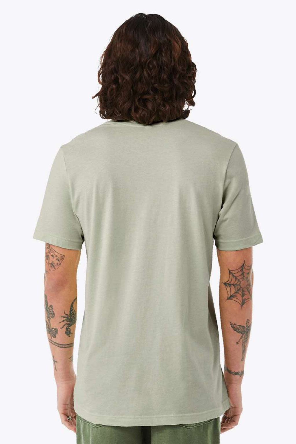 Bella + Canvas BC3001/3001 Mens Jersey Short Sleeve Crewneck T-Shirt Thyme Green Model Back