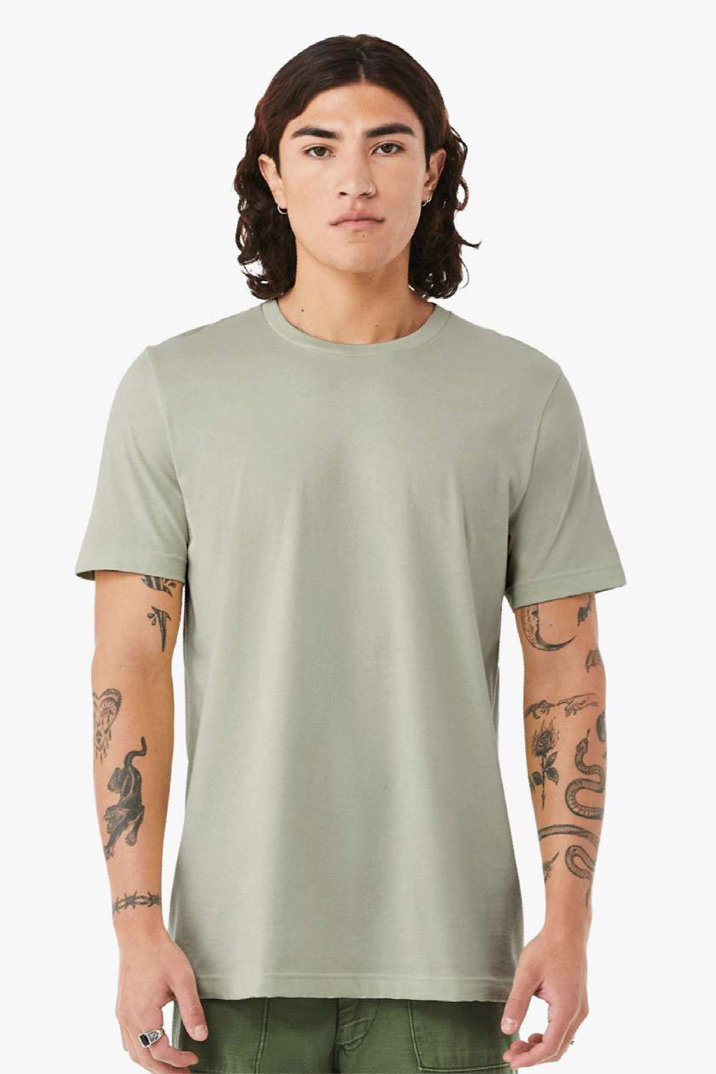 Bella + Canvas BC3001/3001 Mens Jersey Short Sleeve Crewneck T-Shirt Thyme Green Model Front