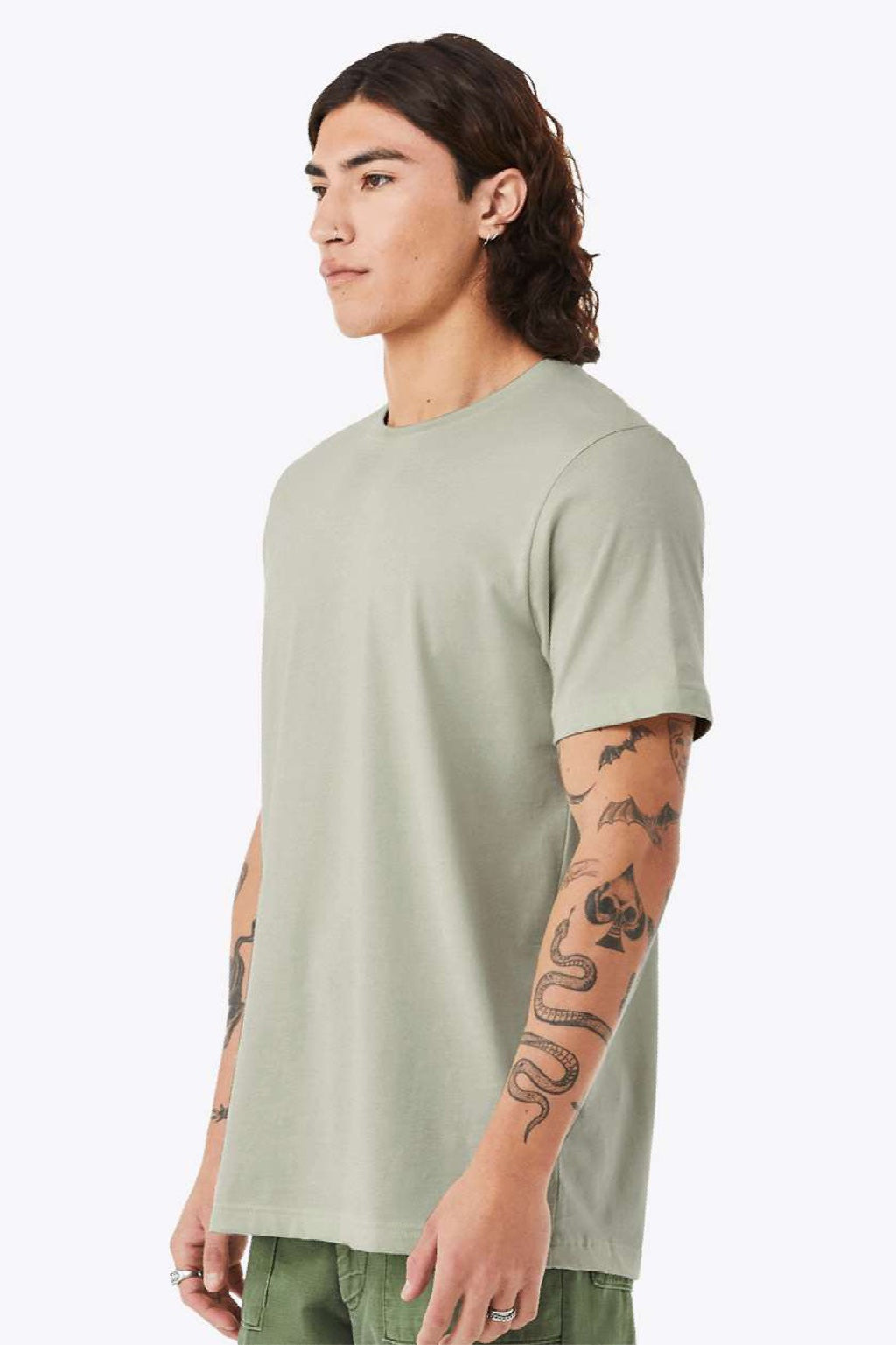 Bella + Canvas BC3001/3001 Mens Jersey Short Sleeve Crewneck T-Shirt Thyme Green Model Side