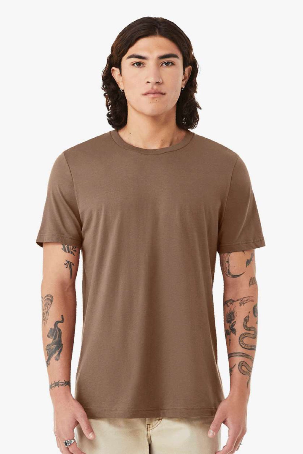 Bella + Canvas BC3001/3001 Mens Jersey Short Sleeve Crewneck T-Shirt Vintage Brown Model Front