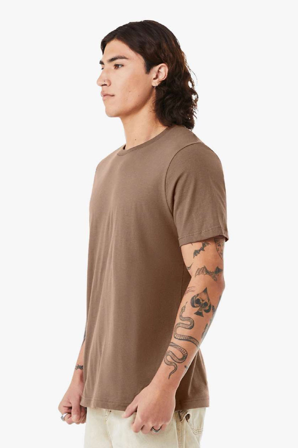 Bella + Canvas BC3001/3001 Mens Jersey Short Sleeve Crewneck T-Shirt Vintage Brown Model Side