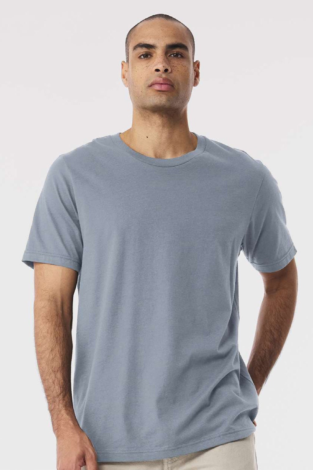 Bella + Canvas BC3001/3001 Mens Jersey Short Sleeve Crewneck T-Shirt Vintage Denim Blue Model Front