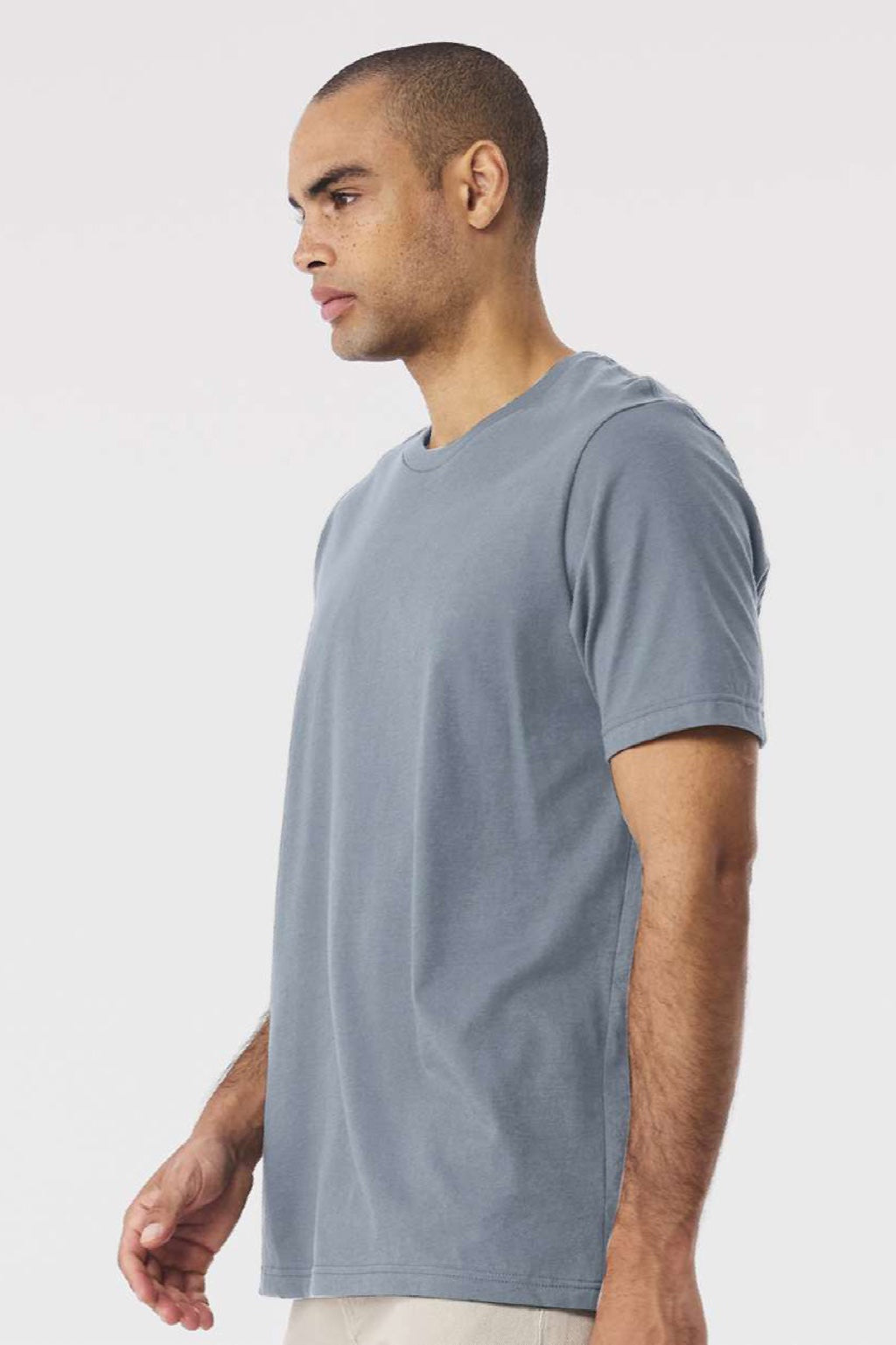 Bella + Canvas BC3001/3001 Mens Jersey Short Sleeve Crewneck T-Shirt Vintage Denim Blue Model Side