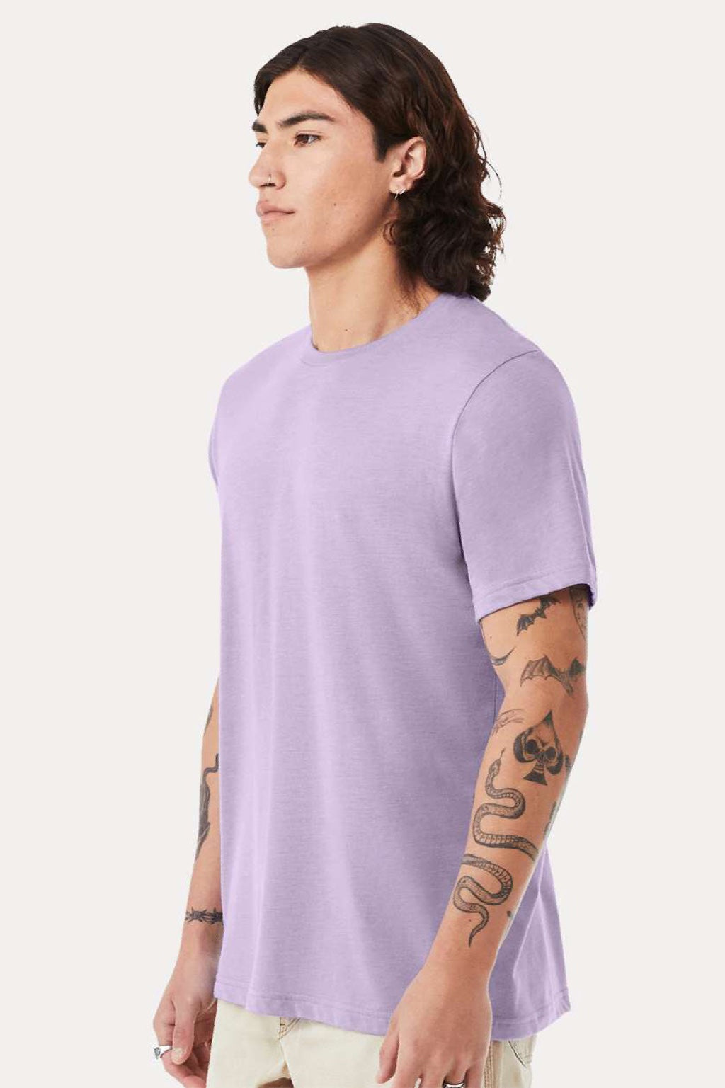 Bella + Canvas BC3413/3413C/3413 Mens Short Sleeve Crewneck T-Shirt Dark Lavender Purple Model Side