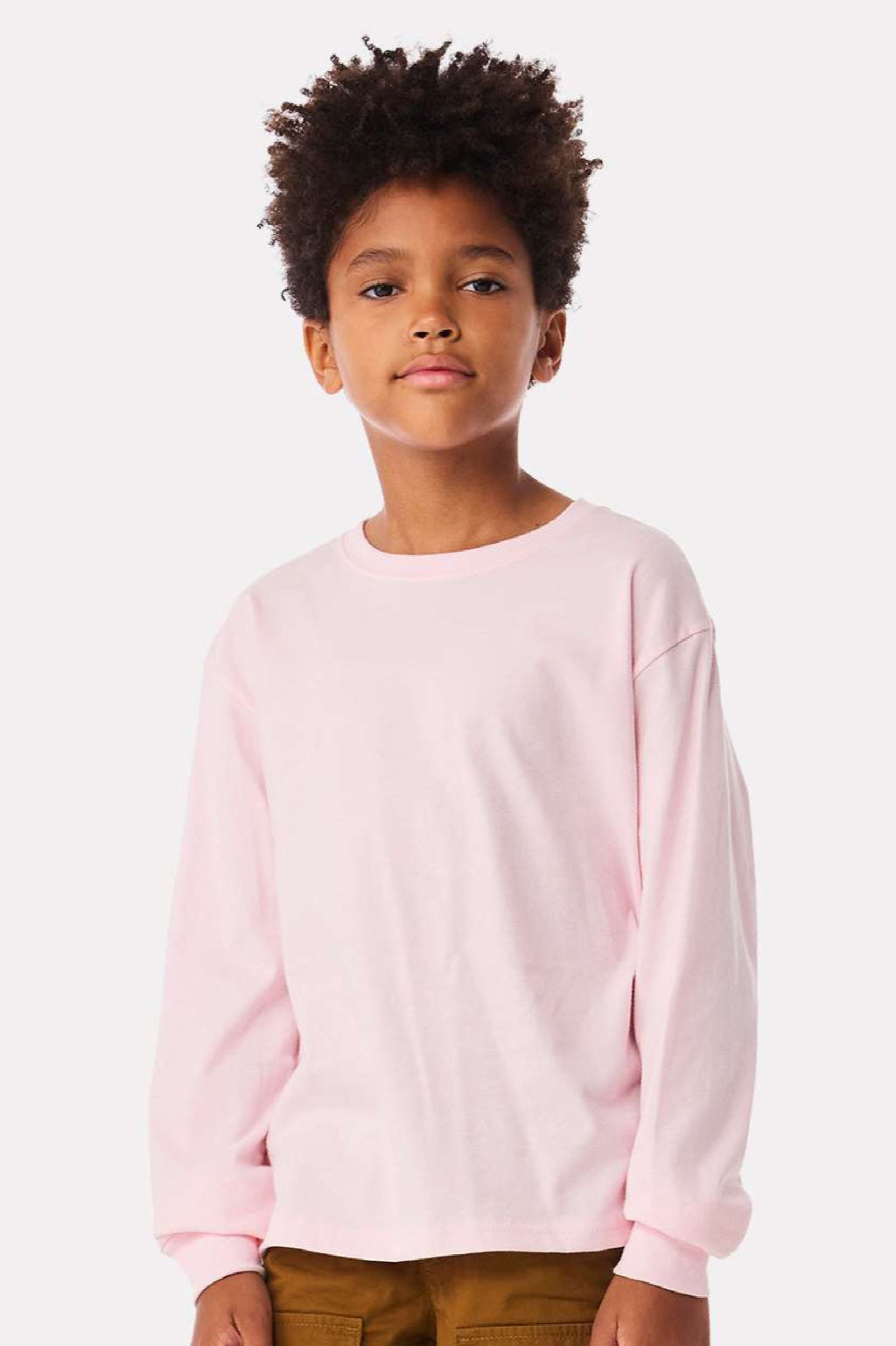 Bella + Canvas BC3511Y Youth Long Sleeve Crewneck T-Shirt Soft Pink Model Front
