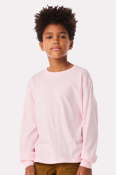 Bella + Canvas BC3511Y Youth Long Sleeve Crewneck T-Shirt Soft Pink Model Front