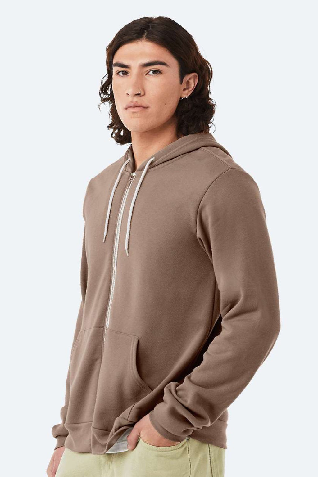 Bella + Canvas BC3739/3739 Mens Fleece Full Zip Hooded Sweatshirt Hoodie w/ Pockets Vintage Brown Model Side