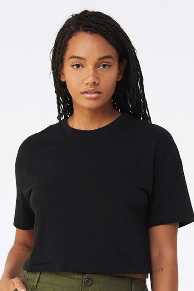 Bella + Canvas 6482 Womens Jersey Cropped Short Sleeve Crewneck T-Shirt Black Model Front