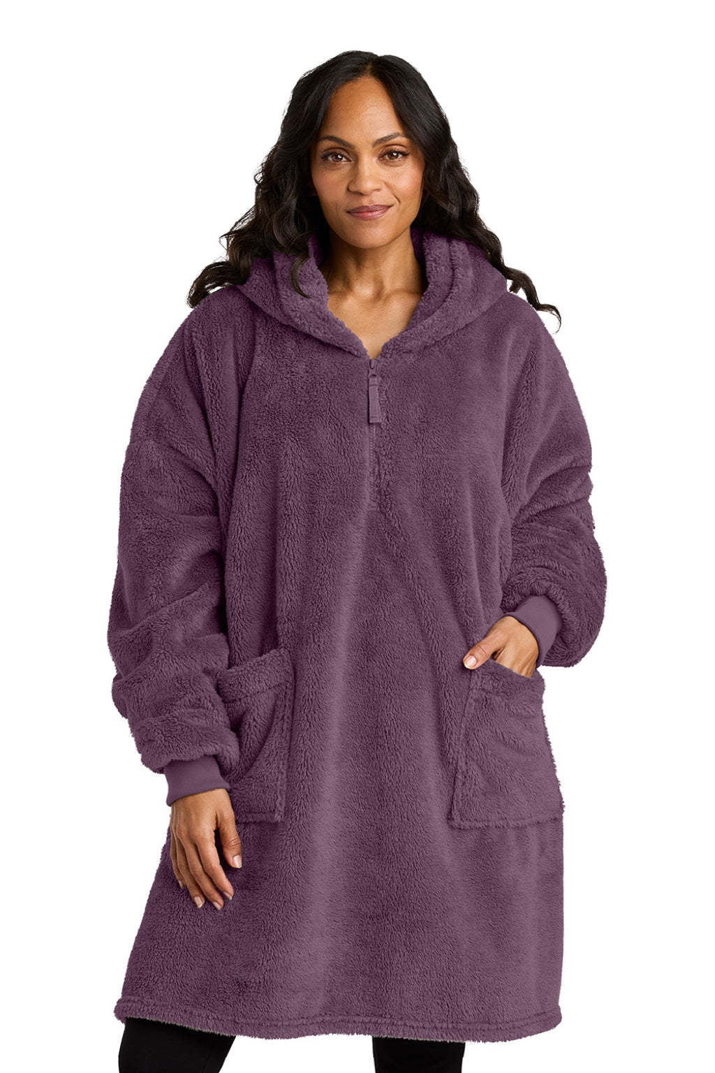Port Authority BP42 Mens Plush Fleece Poncho w/ Pockets Deep Mist Purple Model Front