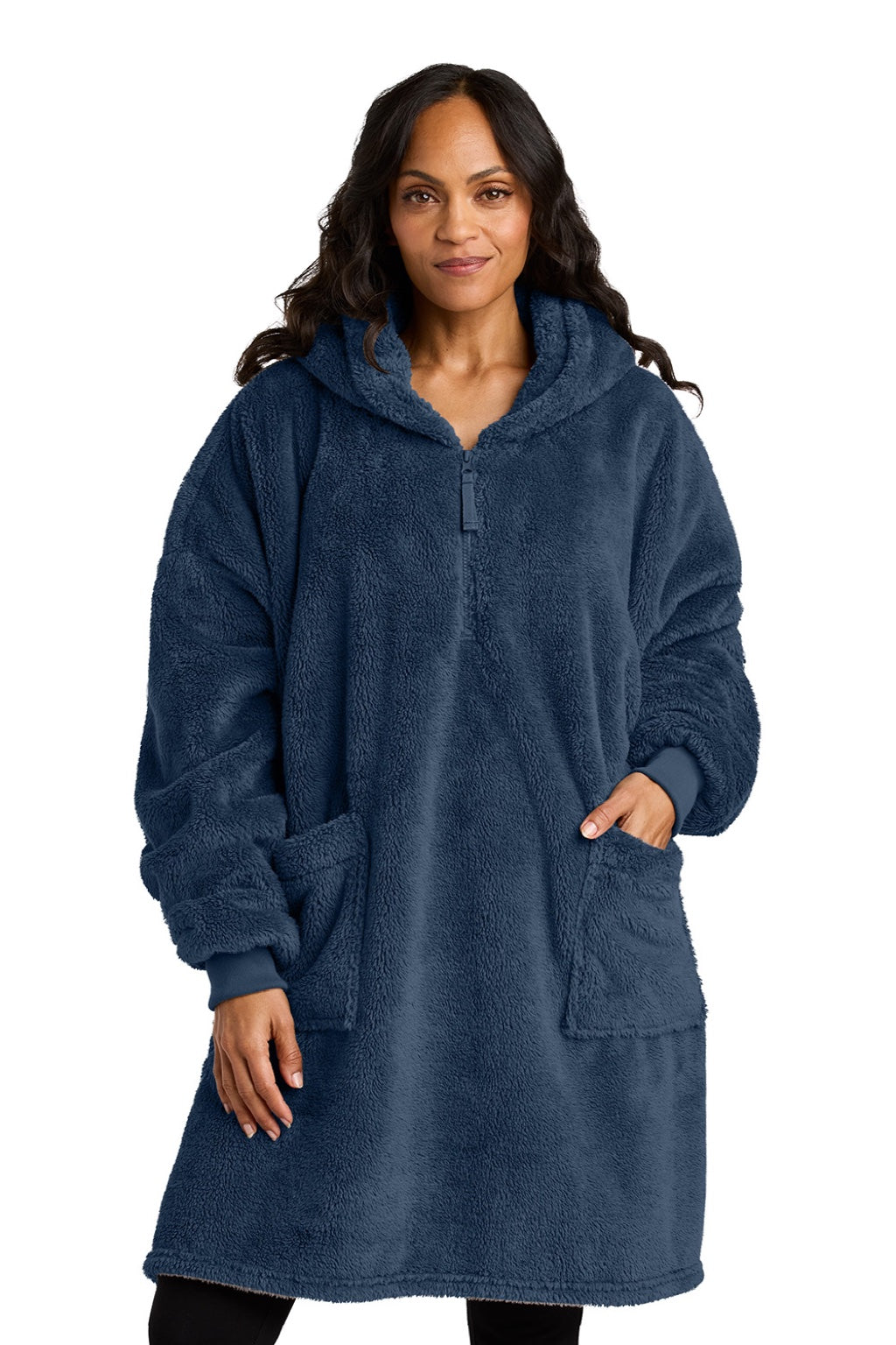 Port Authority BP42 Mens Plush Fleece Poncho w/ Pockets River Navy Blue Model Front