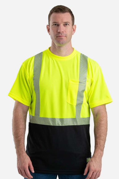 Berne HVK017 Mens Hi-Vis Class 2 Color Blocked Moisture Wicking Short Sleeve Crewneck T-Shirt w/ Pocket High Vis Yellow Model Front