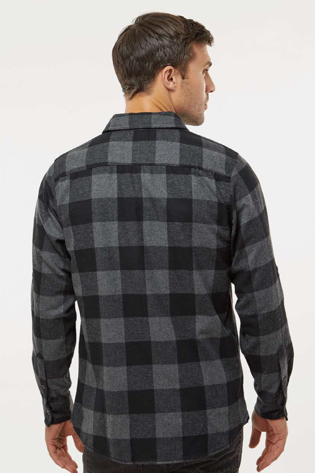 Burnside 8210 Mens Flannel Long Sleeve Button Down Shirt w/ Double Pockets Charcoal Grey/Black Model Back