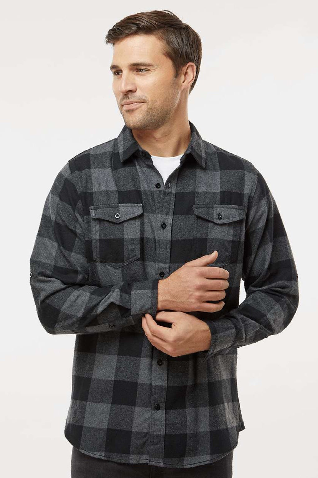 Burnside 8210 Mens Flannel Long Sleeve Button Down Shirt w/ Double Pockets Charcoal Grey/Black Model Front