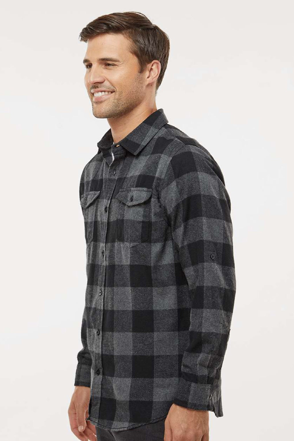 Burnside 8210 Mens Flannel Long Sleeve Button Down Shirt w/ Double Pockets Charcoal Grey/Black Model Side