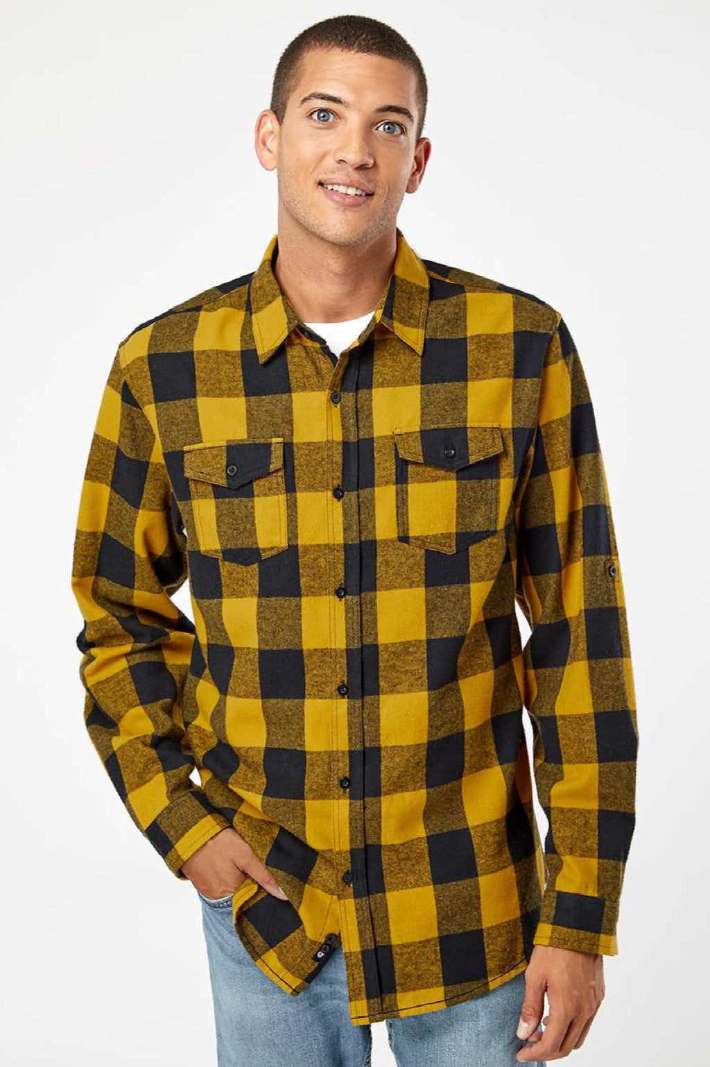 Burnside 8210 Mens Flannel Long Sleeve Button Down Shirt w/ Double Pockets Gold/Black Model Front