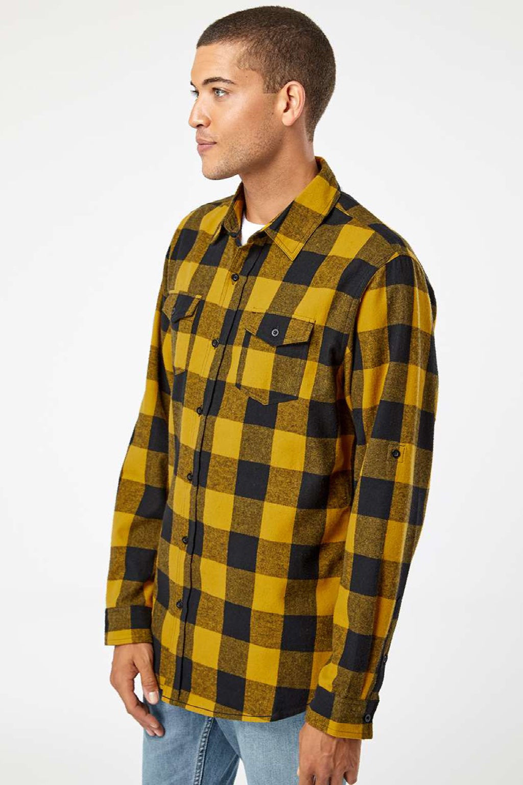 Burnside 8210 Mens Flannel Long Sleeve Button Down Shirt w/ Double Pockets Gold/Black Model Side