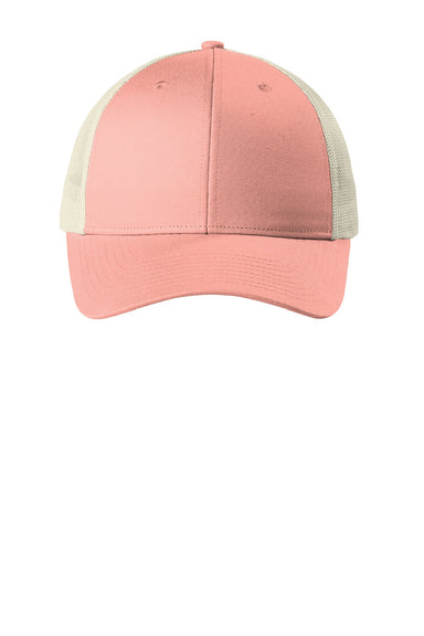 Port Authority Hats C402LP Mens Low Profile Snapback Trucker Hat Soft Coral Pink/Ecru Flat Front