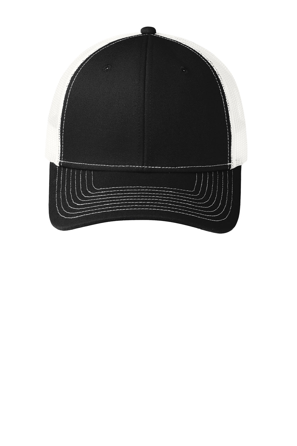 Port Authority Hats C402 Mens Adjustable Trucker Hat Black/White Flat Front