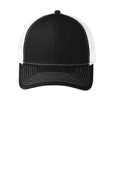 Port Authority Hats C402 Mens Adjustable Trucker Hat Black/White Flat Front