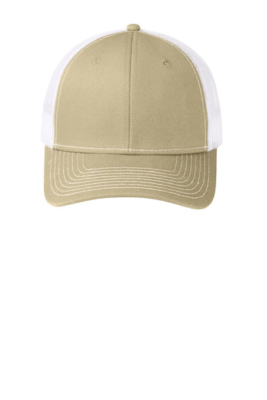 Port Authority Hats C402 Mens Adjustable Trucker Hat Light Khaki Brown/White Flat Front