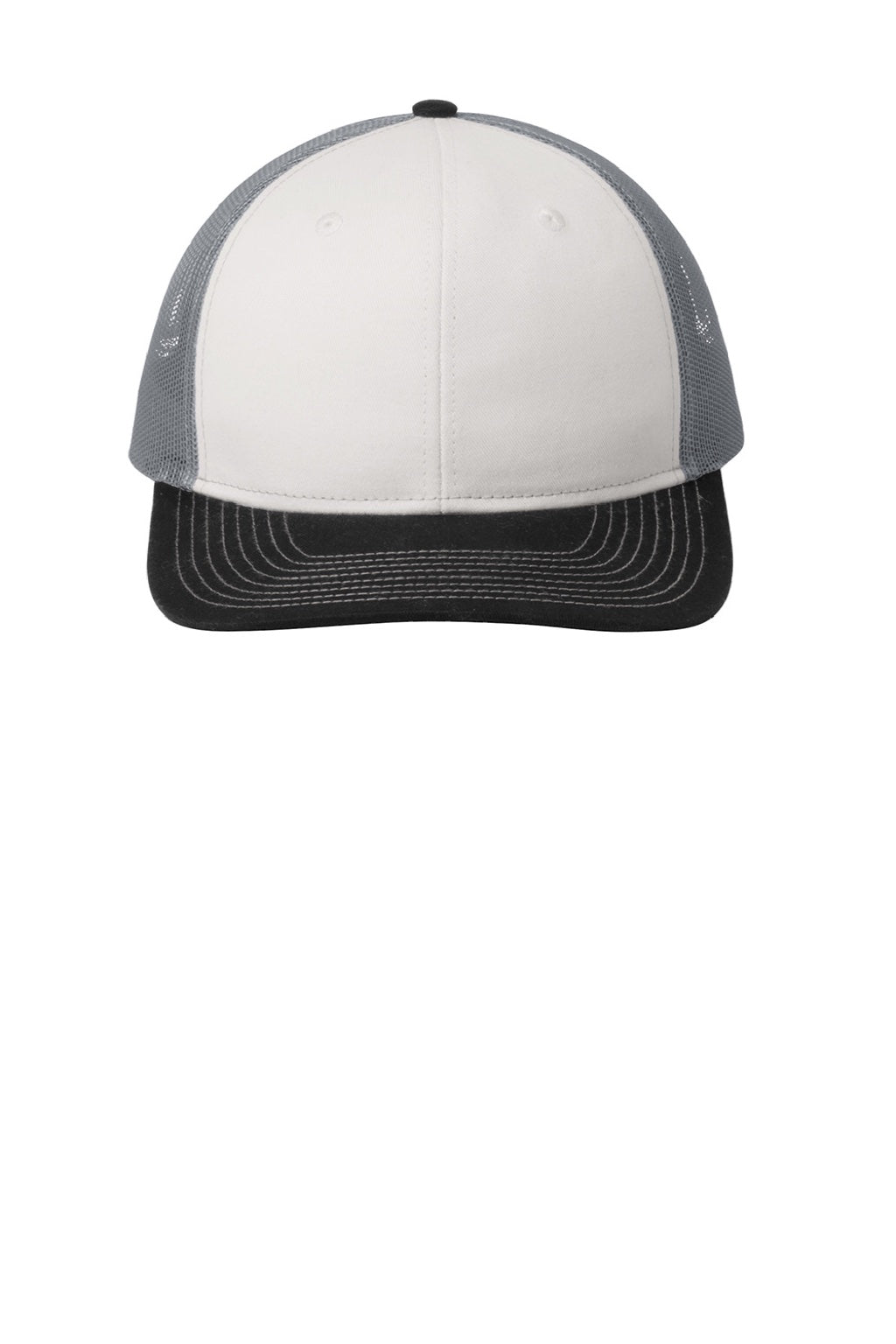 Port Authority Hats C402 Mens Adjustable Trucker Hat White/Black/Gusty Grey Flat Front