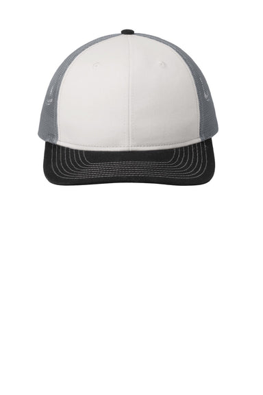 Port Authority Hats C402 Mens Adjustable Trucker Hat White/Black/Gusty Grey Flat Front