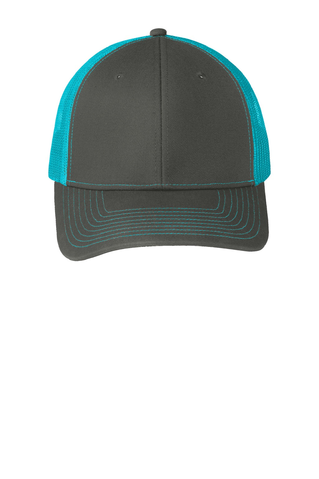 Port Authority Hats C402 Mens Adjustable Trucker Hat Steel Grey/Neon Blue Flat Front