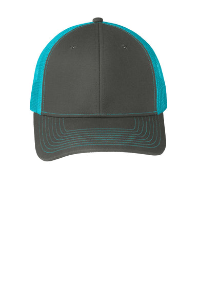 Port Authority Hats C402 Mens Adjustable Trucker Hat Steel Grey/Neon Blue Flat Front