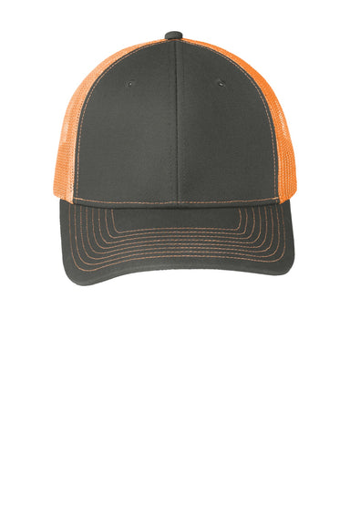 Port Authority Hats C402 Mens Adjustable Trucker Hat Steel Grey/Neon Orange Flat Front