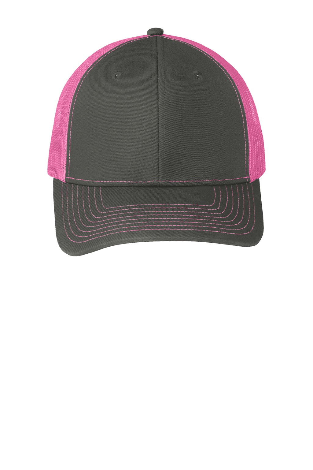 Port Authority Hats C402 Mens Adjustable Trucker Hat Steel Grey/Neon Pink Flat Front