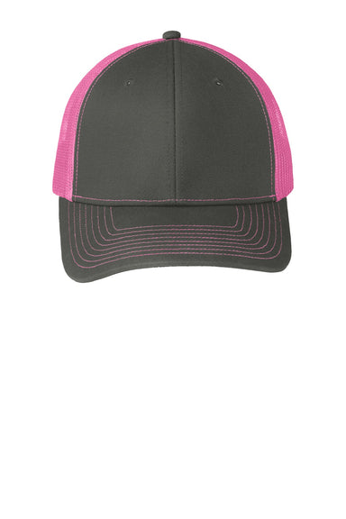 Port Authority Hats C402 Mens Adjustable Trucker Hat Steel Grey/Neon Pink Flat Front