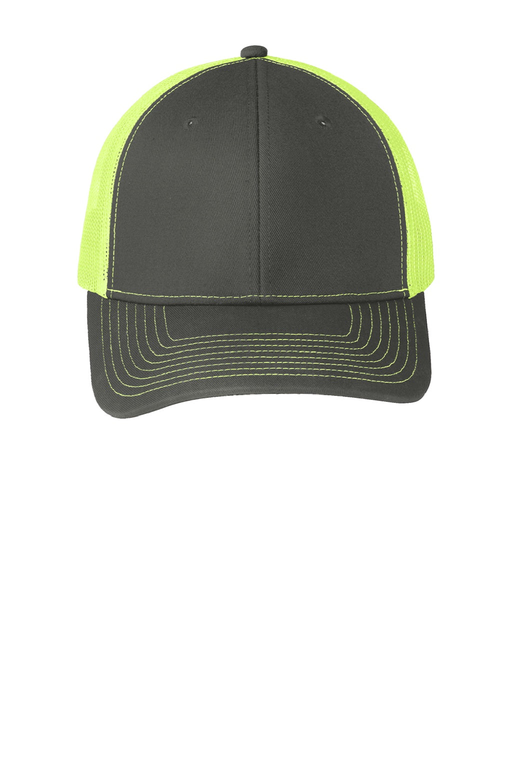 Port Authority Hats C402 Mens Adjustable Trucker Hat Steel Grey/Neon Yellow Flat Front