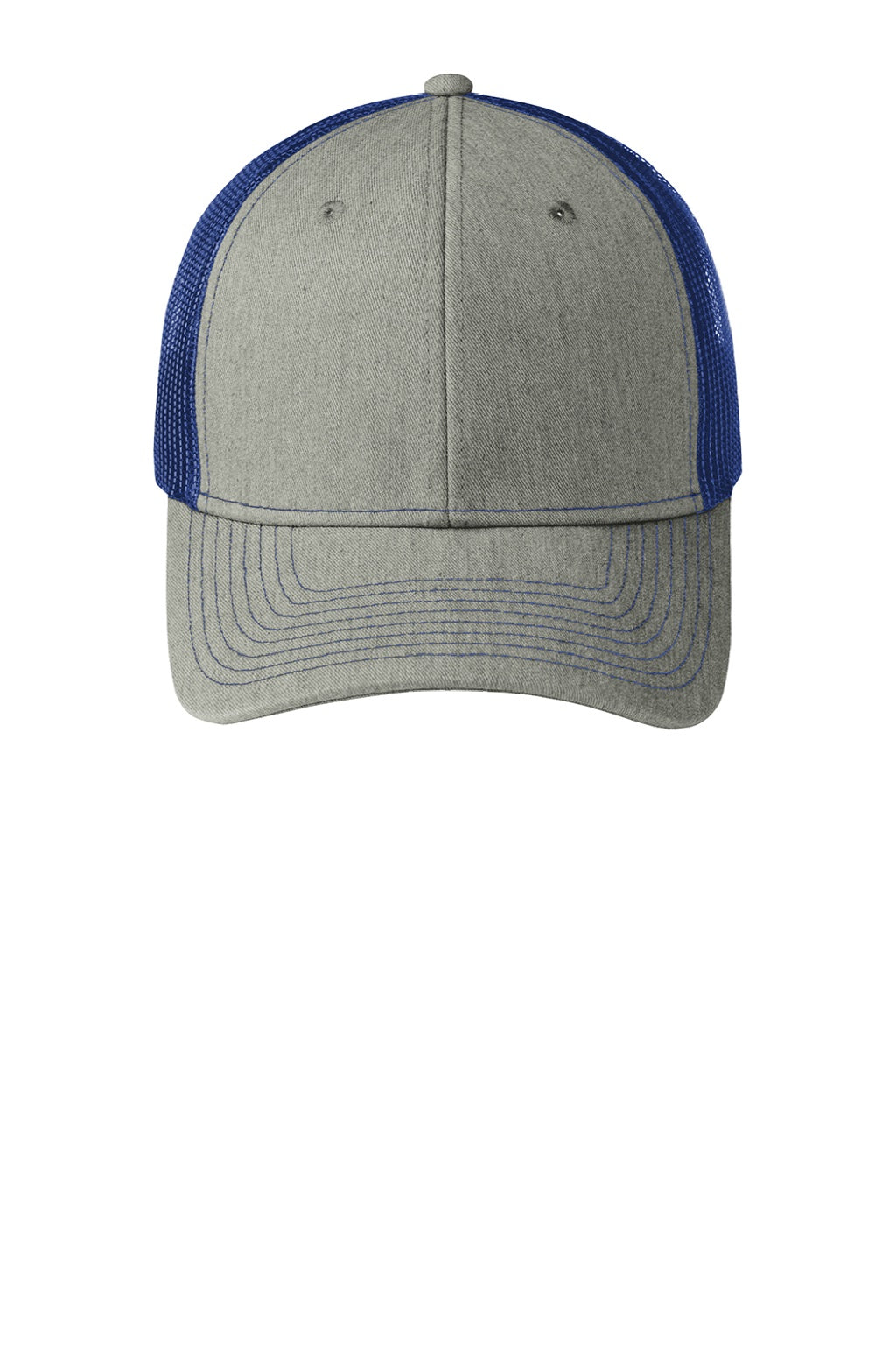 Port Authority Hats C402 Mens Adjustable Trucker Hat Heather Grey/Patriot Blue Flat Front