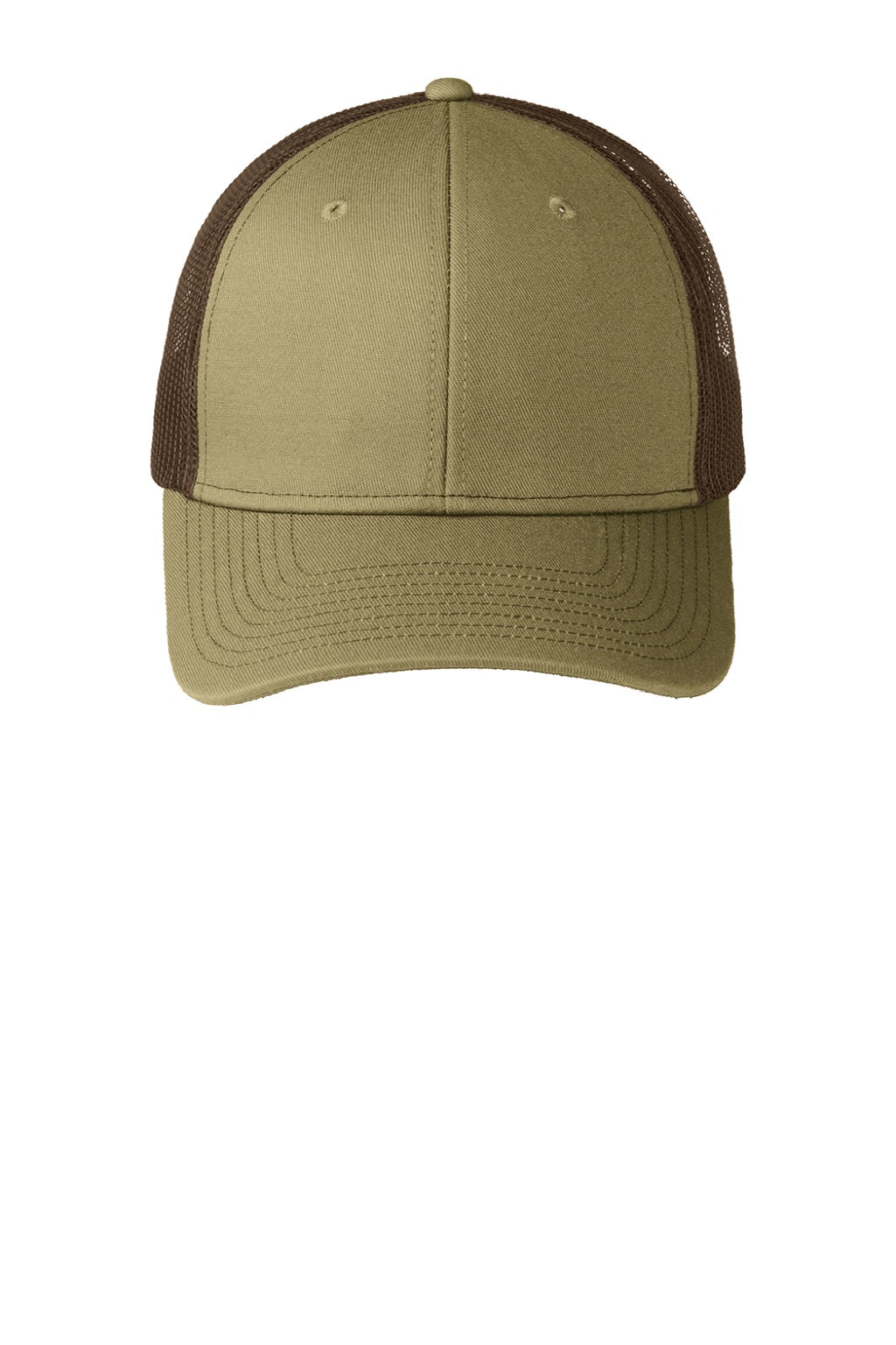 Port Authority Hats C402 Mens Adjustable Trucker Hat True Khaki/Coffee Brown Flat Front