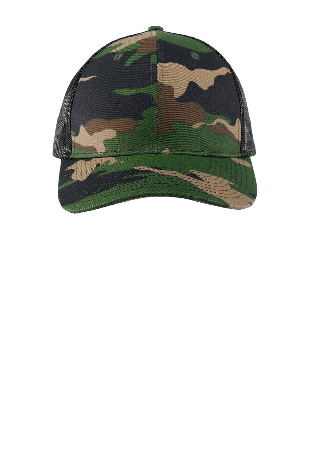 Port Authority Hats C402 Mens Adjustable Trucker Hat Woodland Camo/Black Flat Front