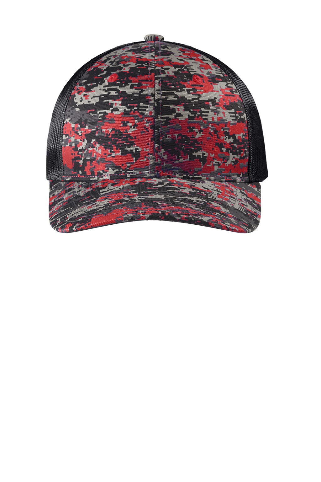 Port Authority Hats C404 Mens Digi Camo Snapback Trucker Hat Flame Red Digital Camo/Steel Grey Flat Front