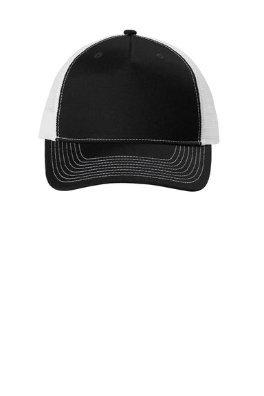 Port Authority Hats C405 Mens Snapback Trucker Hat Black/White Flat Front