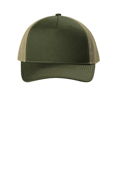 Port Authority Hats C405 Mens Snapback Trucker Hat Olive Drab Green/Tan Flat Front