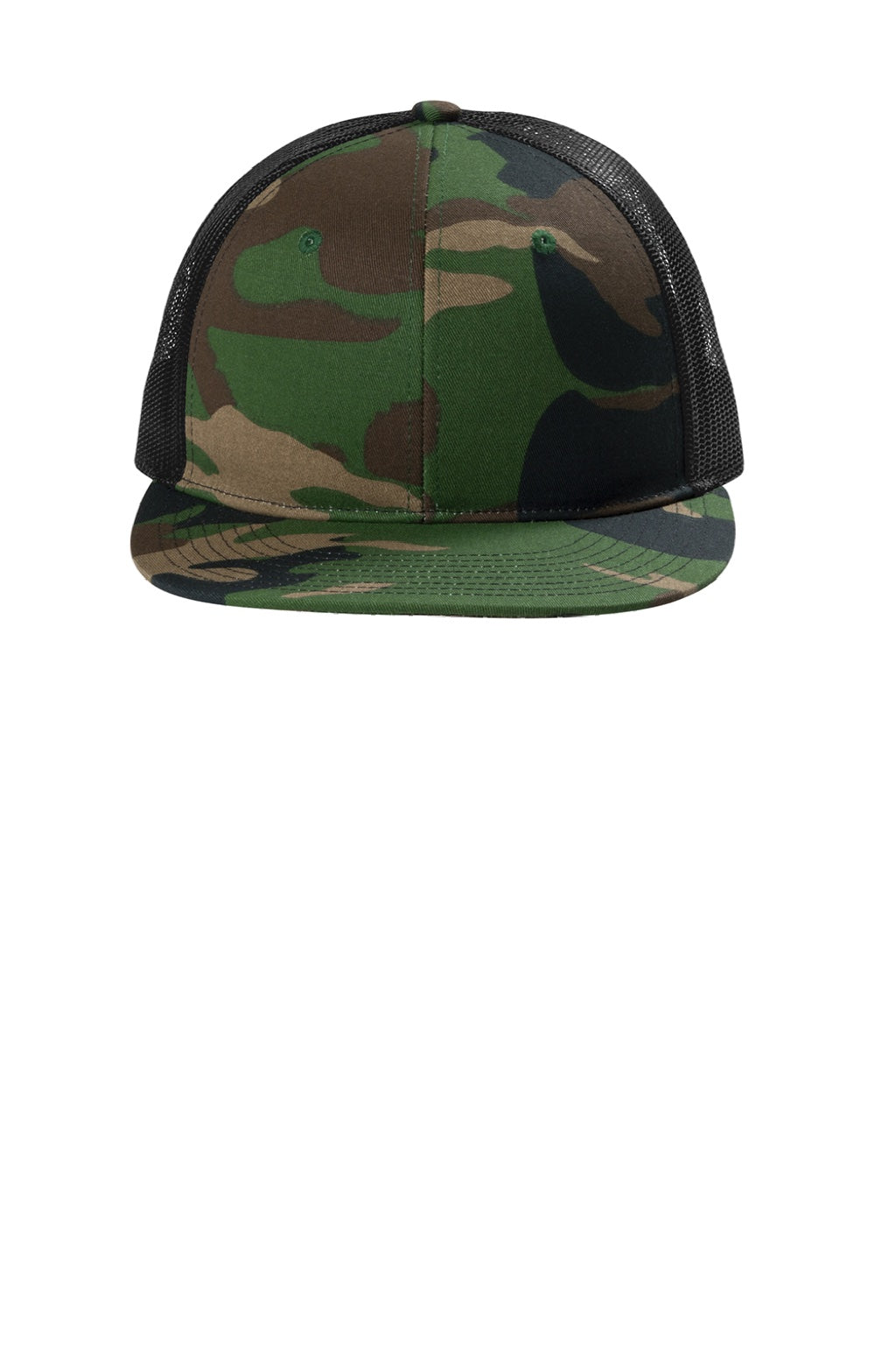 Port Authority Hats C407 Mens Snapback Flat Bill Trucker Hat Woodland Camo/Black Flat Front
