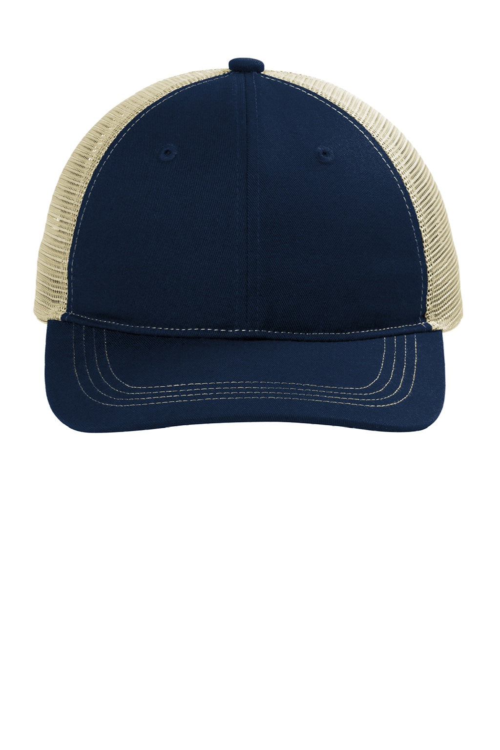 Port Authority Hats C409 Mens Snapback Trucker Hat True Navy Blue/Tan Flat Front