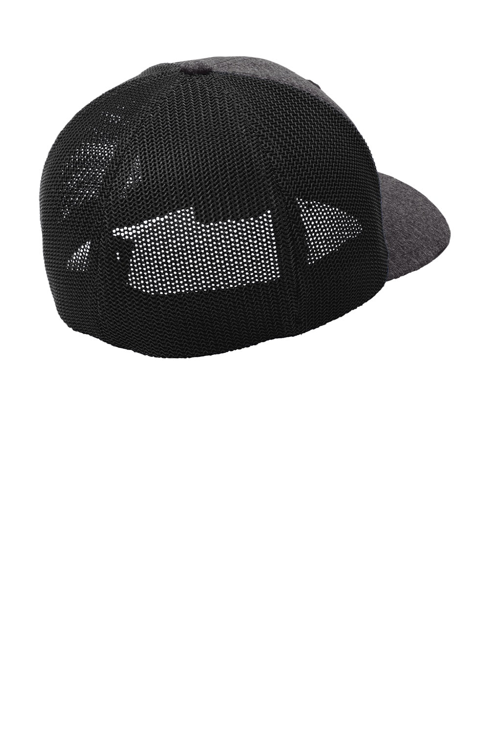 Port Authority Hats C302 Mens Melange Mesh Back Flexfit Trucker Hat Black/Heather Dark Charcoal Grey Flat Back