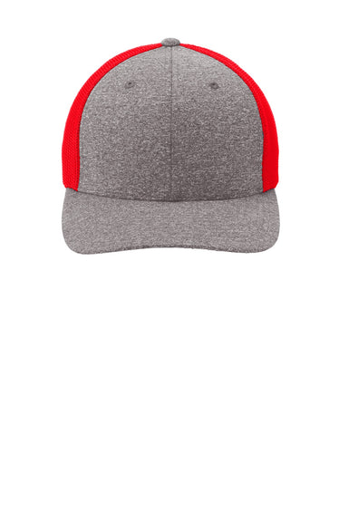 Port Authority Hats C302 Mens Melange Mesh Back Flexfit Trucker Hat True Red/Heather Grey Flat Front