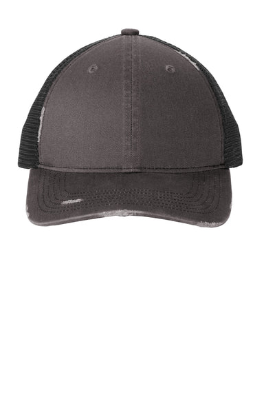 Port Authority Hats C600 Mens Distressed Mesh Back Adjustable Hat Steel Grey/Black Flat Front