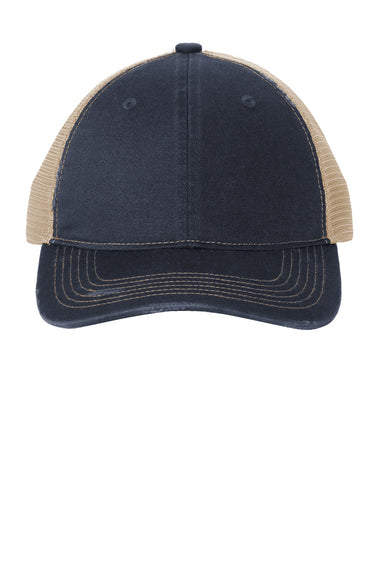 Port Authority Hats C600 Mens Distressed Mesh Back Adjustable Hat River Navy Blue/Khaki Flat Front