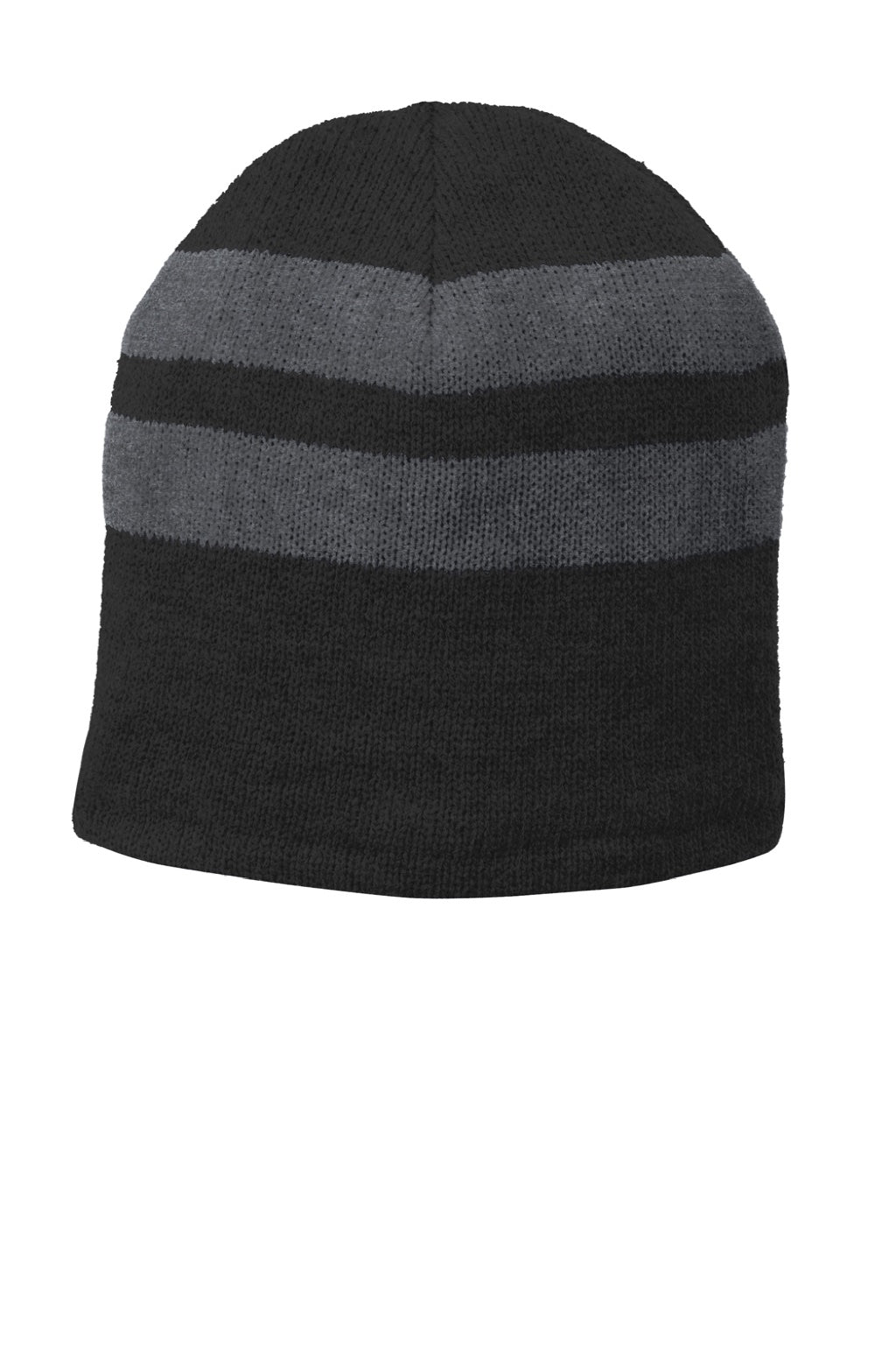 Port & Company Hats C922 Unisex Fleece Lined Striped Beanie Black/Athletic Oxford Grey Flat Front